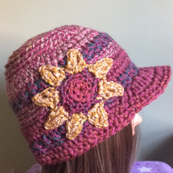 Hand Crafted Accessories - Crochet flower hat medium acrylic tweed yarn